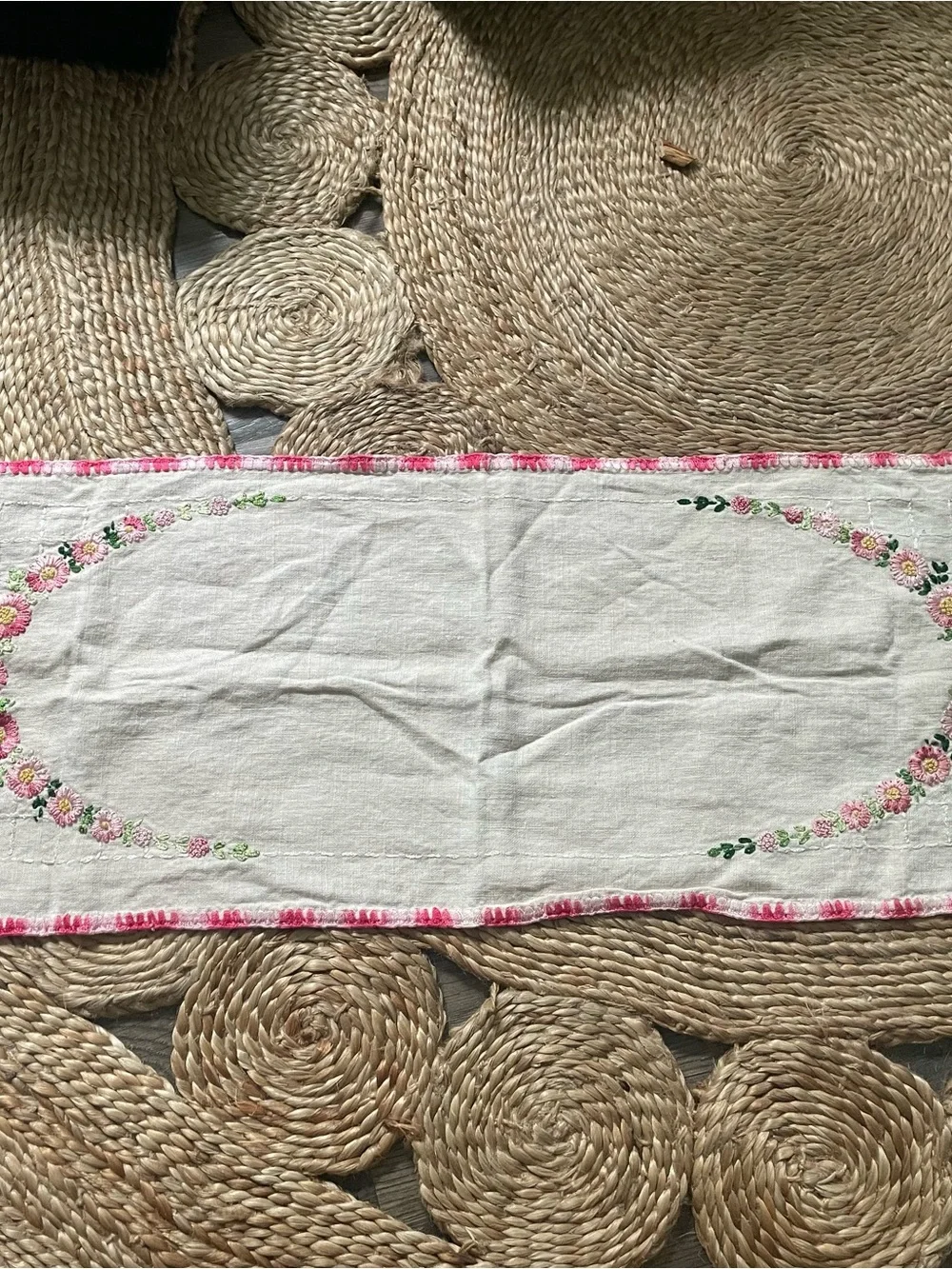 Vintage Embroidered Cotton Table Runner Butterfly Pink White